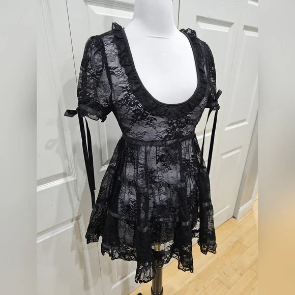 Dolls Kill Sexy Goth Lace House On The Hill Little Black Babydoll Mini Dress S - Picture 2 of 14